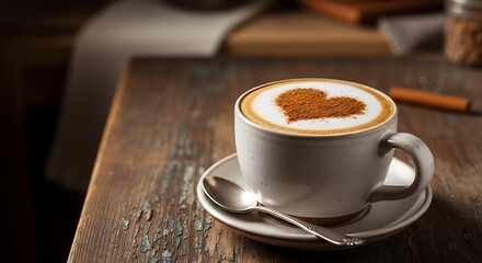 Heartwarming coffee moment: Aromatic cappuccino art on rustic wooden surface revealing a cozy atmosphere