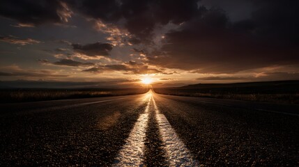 Open asphalt roadway stretches toward the intense setting sun under dramatic dark clouds
