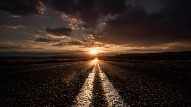 Open asphalt roadway stretches toward the intense setting sun under dramatic dark clouds