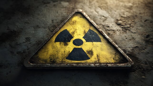 Weathered caution symbol featuring radiating energy illustration set against a dark, textured surface - Powered by Adobe