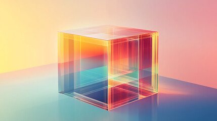Transparent digital cube floating over a smooth gradient background, highlighting modern geometric design, minimalistic tech aesthetic, and futuristic digital visualization.