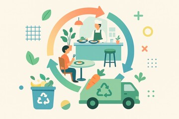 Obraz premium A dynamic visual representation of sustainable food practices illustrating a cycle from consumer to chef with plant elements in a cozy dining setting emphasizing eco friendly choices