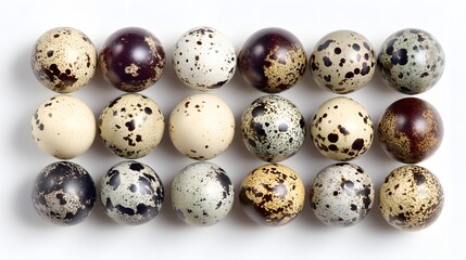 Fototapeta premium Collection of small, speckled bird eggs arranged neatly in horizontal rows