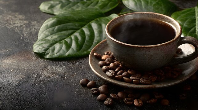 Steaming dark beverage rests in ceramic cup surrounded by roasted beans and rich green foliage