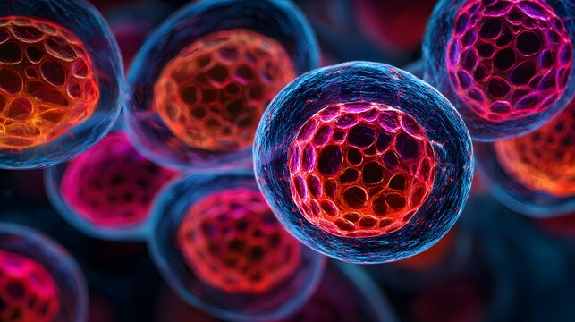 Illuminated biological structures display intricate internal organization within dark background