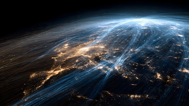 Striking abstract image of Earth surrounded by concentric waves of telecommunication signals, with distributed satellite networks and fiber backbone infrastructure creating universal digital access