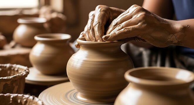 Pottery shaping hands crafting clay into artistic vessels on spinning wheel