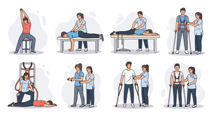 A collection of flat vector illustrations depicting patients undergoing physical therapy and rehabilitation sessions with a professional physiotherapist