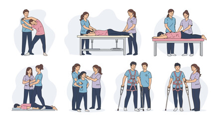 Collection of healthcare illustrations featuring physical therapy and patient care scenarios