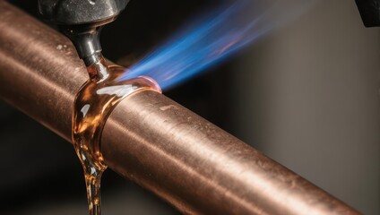 Close up of a plumber soldering copper pipes with a torch.