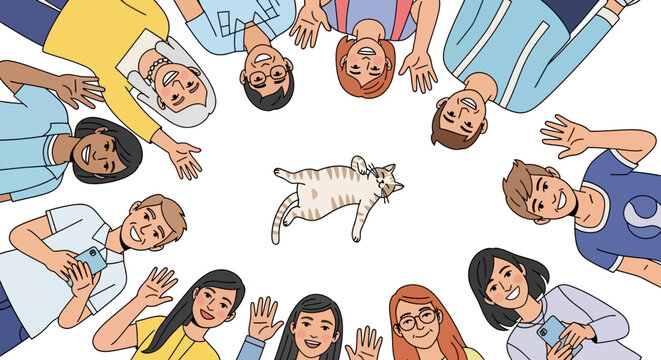 Diverse and happy group of smiling friends with their beloved pet cat forming a cheerful circle, waving greetings towards the viewer, embodying joy, unity, and companionship