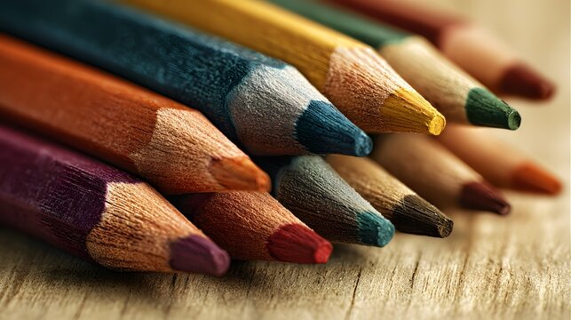 Array of sharpened colored drawing implements rests upon a textured wooden surface - Powered by Adobe