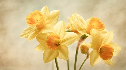 Fototapeta premium Group of vibrant yellow springtime blossoms displays central orange cups against a soft textured background