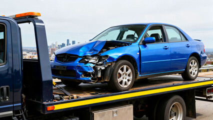 Damaged blue car on a tow truck with city skyline in the background showcasing accident recovery and transportation services for automotive emergencies and roadside assistance needs