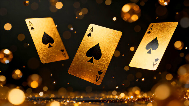 Golden ace of spades playing cards float against a bokeh background creating a luxurious and exciting gambling or casino themed visual perfect for games and entertainment promotions and designs