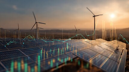 Solar and wind farm, overlaid with data graphics