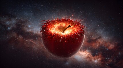 Glowing red fruit suspended against a backdrop of a dark, star-filled nebula