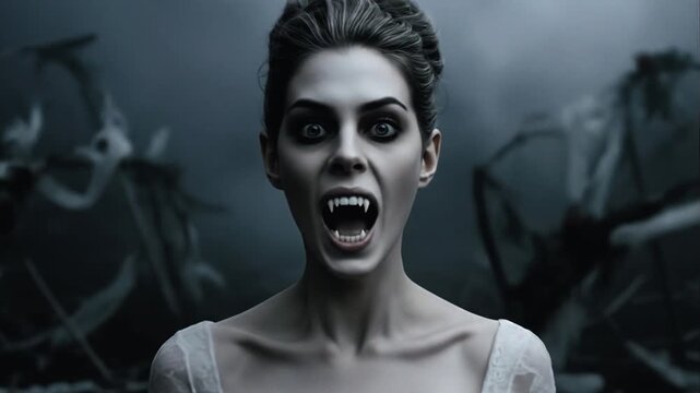 Vampire Bride in Collapsing Wedding Hall Revealing Her Fangs