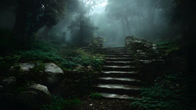 Ancient stone steps ascend into a dense, misty forest landscape