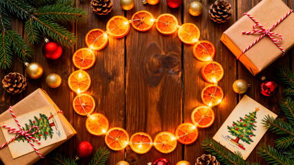 Festive christmas arrangement featuring dried orange slices lights presents pine cones ornaments and christmas tree card on a rustic wooden background creating a warm holiday atmosphere