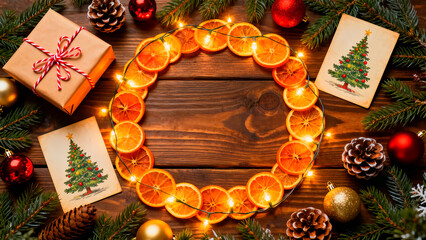 Festive christmas arrangement featuring a wreath of dried orange slices with string lights on a wooden table with christmas ornaments pine cones a wrapped gift and christmas tree cards creating a cozy