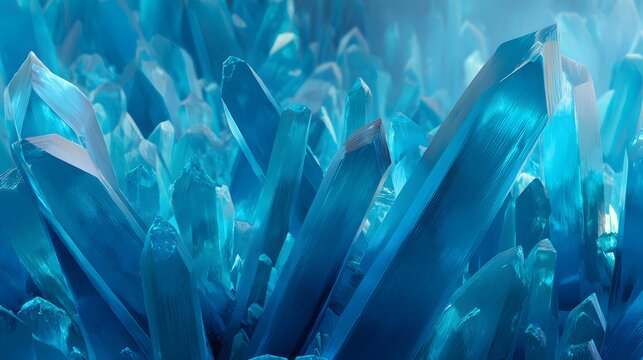 Towering formations of sharply pointed, translucent blue crystals fill the frame.