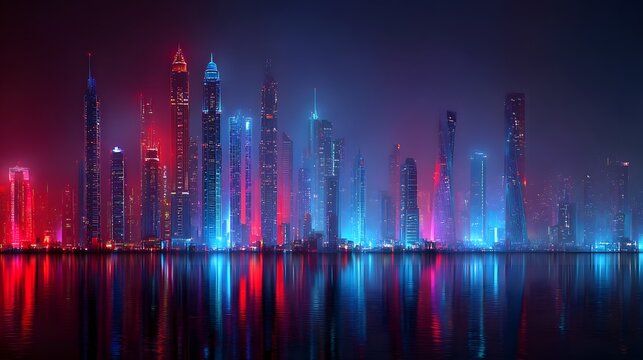 Illuminated modern metropolitan skyline reflects vibrant neon colors across dark water surface