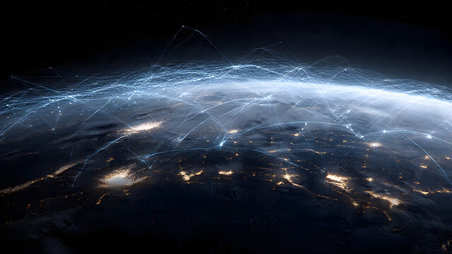 Ultra-realistic 3D render of a nanosatellite constellation orbiting Earth with glowing data transmission beams connecting global network nodes across continents