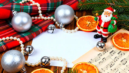 Festive christmas arrangement featuring santa claus ornament silver baubles pearl garland dried orange slices and sheet music creating a warm holiday atmosphere for greetings and invitations