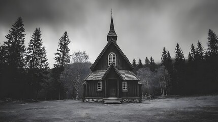 Historic wooden religious structure stands isolated amidst dense dark forest under ominous sky