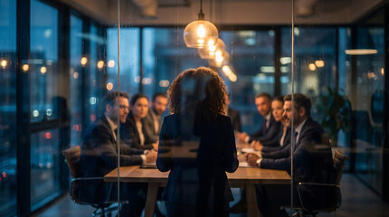 Leadership and corporate strategy with a businesswoman leading a late night meeting in a modern glass office boardroom.