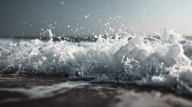 Captivating close-up of ocean waves crashing on shore with splashing droplets