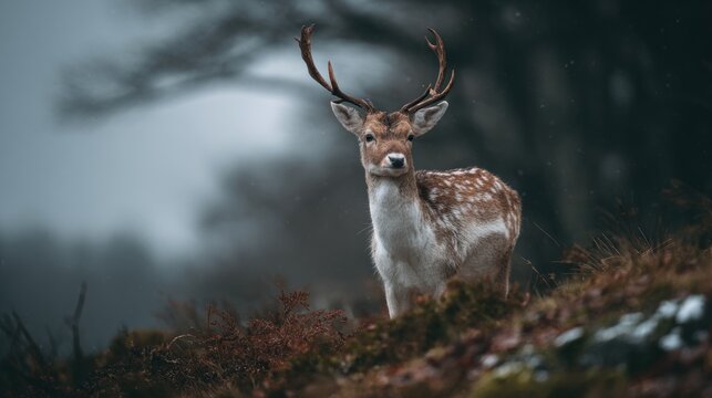 Majestic fallow deer standing on the hillside in its natural habitat - Powered by Adobe