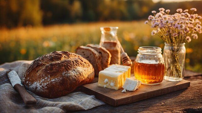 Rustic outdoor meal featuring artisanal bread cheese and honey set against a sunlit meadow backdrop