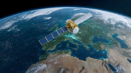 Low Earth orbit satellite network with visible data packet routing between satellites and ground infrastructure at dawn