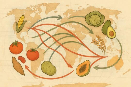 Global food distribution cycle illustrating avocados, tomatoes, corn, and other vegetables with interconnecting pathways, representing agriculture and international trade dynamics