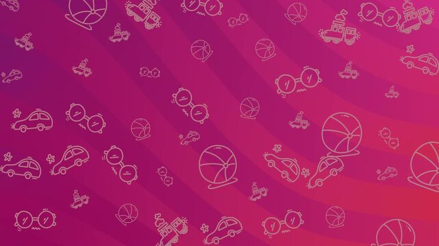 Pink gradient pattern with cars, trains, balls, and glasses. Suitable for transportation, leisure, sports, and toy concepts and designs.