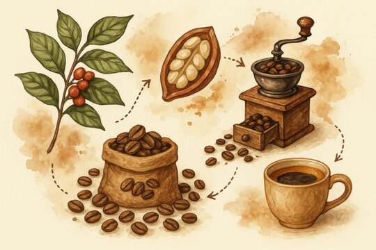 Journey of Coffee from Bean to Brew Illustrating the Process of Grinding Roasting and Enjoying a Cup of Gourmet Coffee with Natural Textures