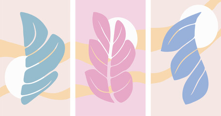 Three abstract art paintings with colorful leaves in pastel shades