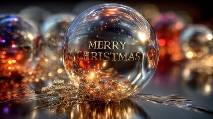 Glass ornament displaying merry christmas wishes, copy space