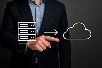 A man in business suit pointing cloud computing server for the concept of technology.