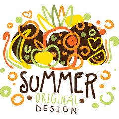 Whimsical Hand Drawn Summer Fruits With Swirls And Hearts In Warm Tones On Transparent Background