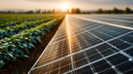 Solar panels in a field, sunset reflecting off surface, renewable energy farm