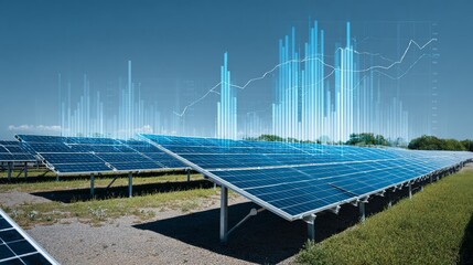 Solar panels generating power with superimposed data visualizations against a blue sky
