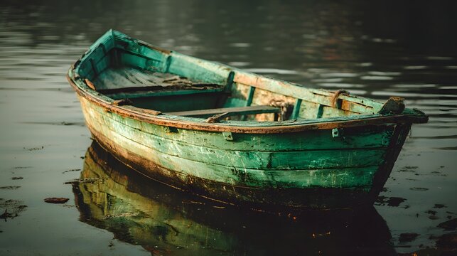 Weathered wooden rowboat floats upon calm water with muted reflections