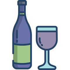 Vector Illustration of a Dark Purple Wine Bottle with a Light Green Label and a Matching Wine Glass Filled with Purple Wine on a Transparent Background