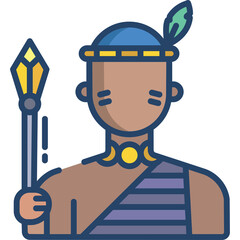 Vector Illustration Of A Male Warrior With A Spear And Feather Headdress Wearing Traditional African Clothing And A Blue Hat