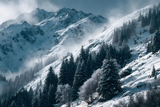 Paysage en hiver &agrave; la montagne, campagne, avec la neige blanche qui recouvre la nature et des arbres sauf les sapins. Soleil qui perce entre les nuages au-dessus des vall&eacute;es enneig&eacute;es des Alpes
