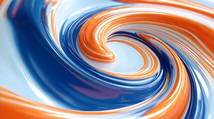 Swirling glossy ribbons of blue, orange, and white fluid create a dynamic vortex pattern
