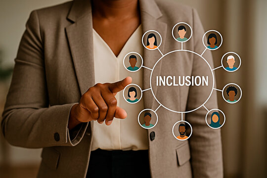 Businesswoman point finger at the symbol of inclusion to show the meaning of diversity concept.